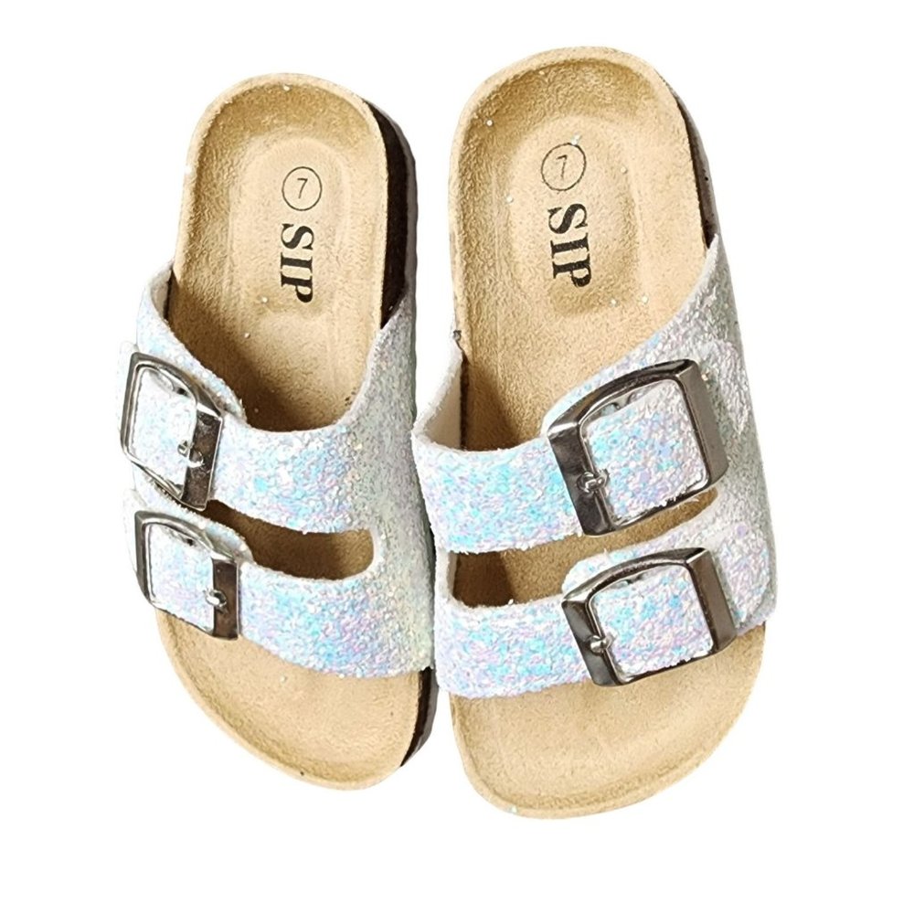 Sip Girls Shoe Size 7 Slip on Stap Sandal Buckles White Glitter Color Unworn